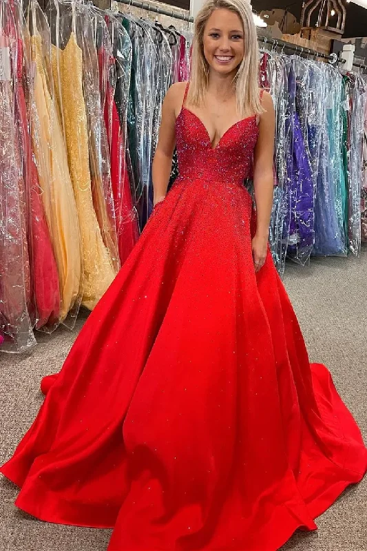 affordable evening dress for summer -Spaghetti Straps Red Satin Beaded A-line Long Formal Gown Red Prom Dress cc466