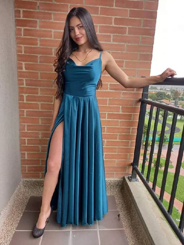 chic evening dress for guests -Spaghetti Straps Satin Prom Dress High Slit Backless Club Party Evening Dress cc632