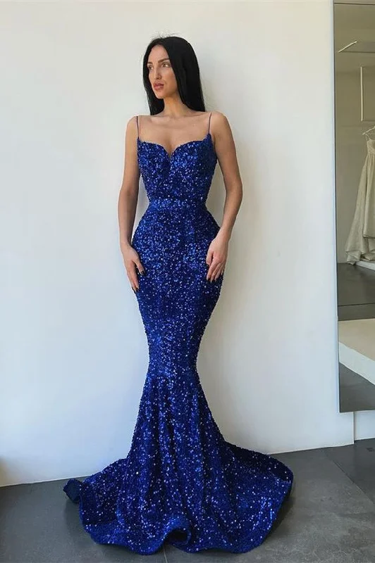 short evening dress for summer -Sparkly Sleeveless Royal Blue Sequined Mermaid Prom Dresses cc464