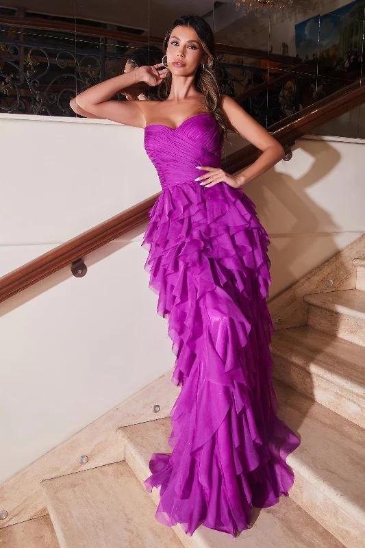 long evening dress for summer -Strapless Ruffled Chiffon A-line Gown by Ladivine CZ0027