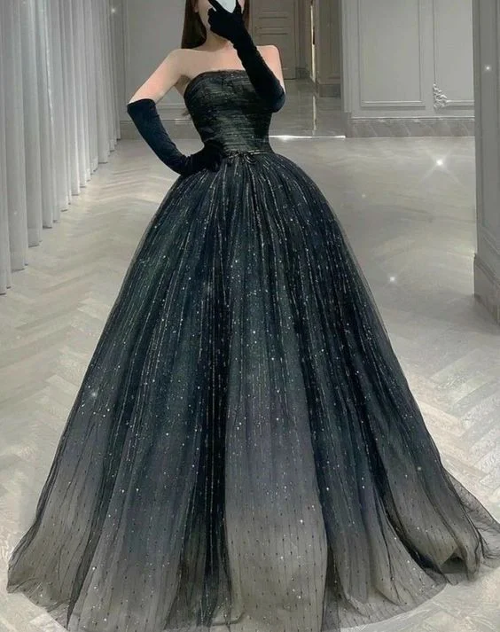 silver evening dress for summer -Stunning Black A-line Strapless Prom Dress,Gothic Ball Gown cc961