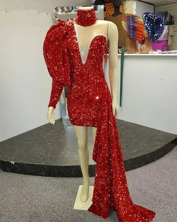 floral evening dress for summer -Stunning Red Sequins Short Prom Dresses With High Neck African Black Girl Party Prom Dresses With Long Train c3173