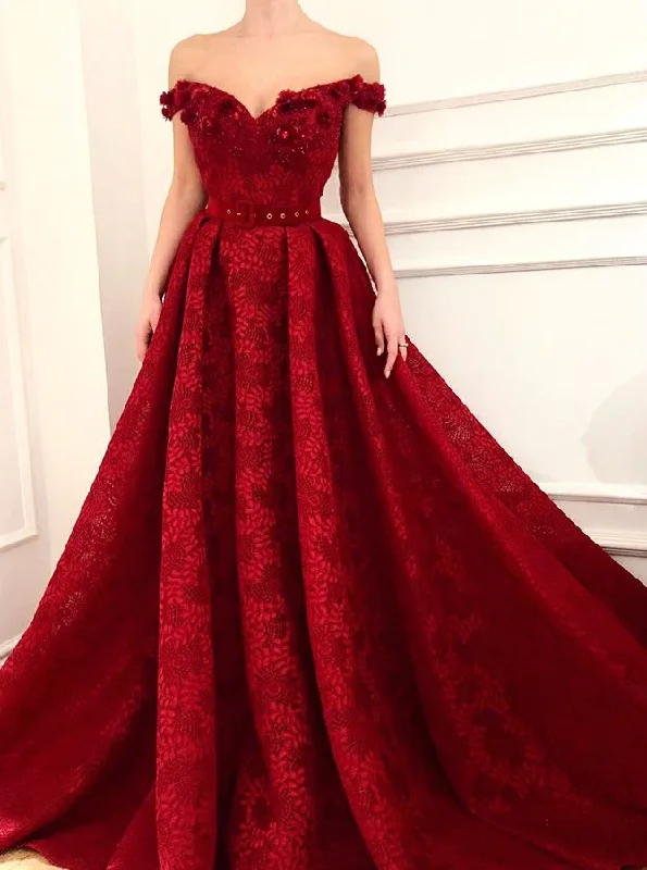 short evening dress for summer -Sweetheart A Line Red Lace Long Off Shoulder Prom Dresses cc289