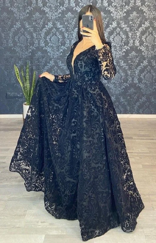 pink evening dress for summer -V-Neck Long Sleeve Prom Dresses, Black Long Prom Dress cc683