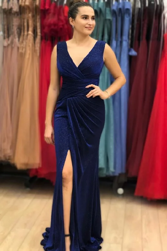 vintage evening dress for summer -Vintage Blue V-Neck Long Mermaid Prom Dress With Split cc886