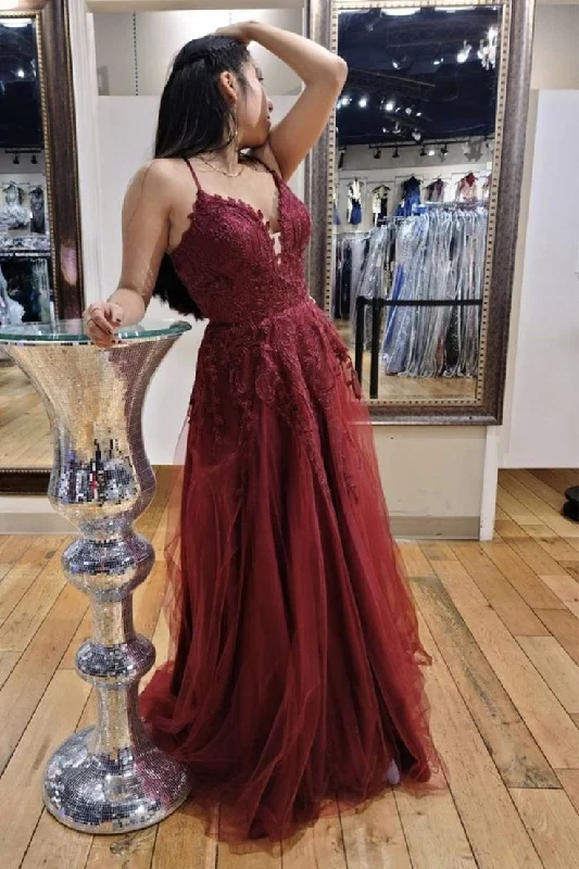 short evening dress for summer -Wine Red Lace Plunge V Lace-Up A-Line Prom Dress cc534