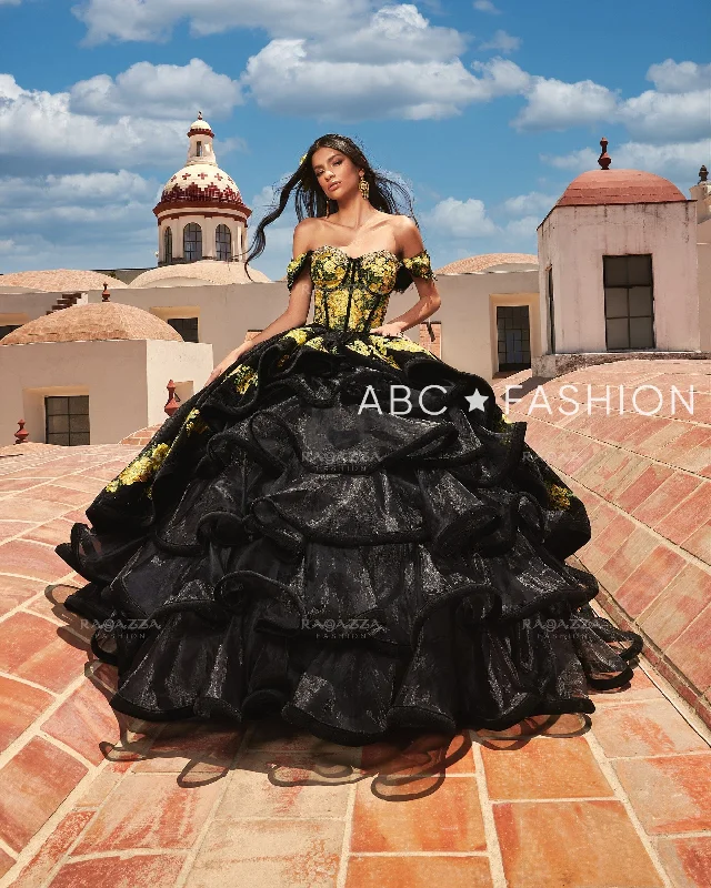 off shoulder evening dress pink -Yellow Floral Ruffled Quinceanera Dress by Ragazza MV49-149