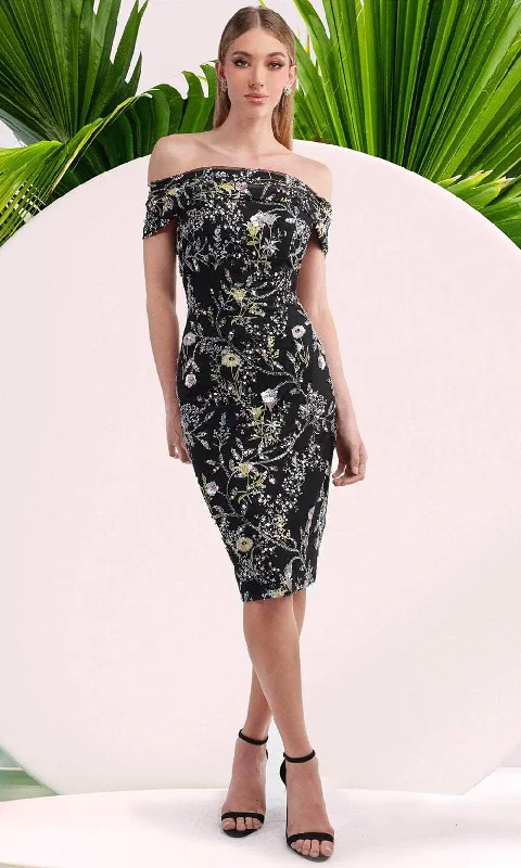 formal party dress for summer -formal party dress for summer -Janique 5044 - Floral Print Off-Shoulder Dress