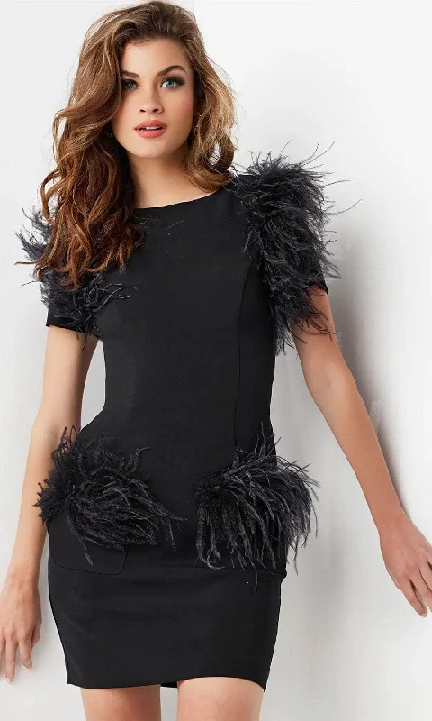 modern party dress for summer -modern party dress for summer -Jovani 24558 - Feather Accent Bateau Cocktail Dress