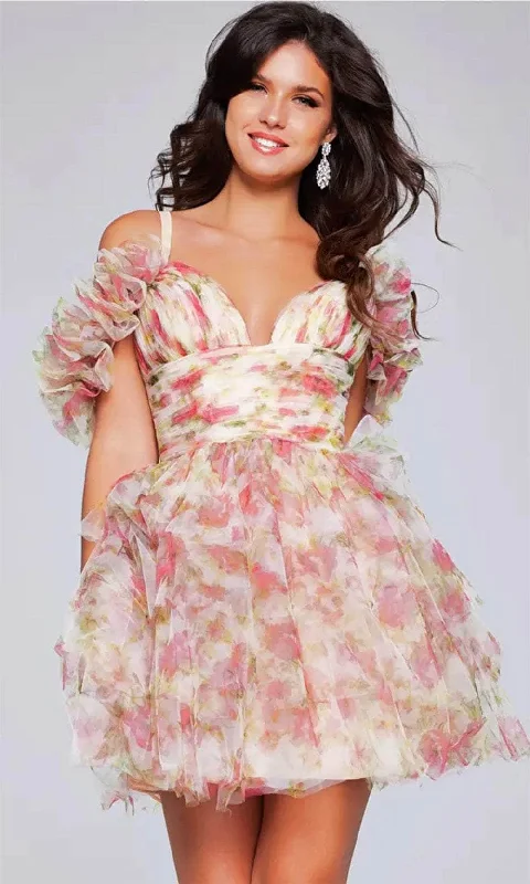 long party dress for summer -long party dress for summer -Jovani 40505 - Floral Printed Empire Waist Cocktail Dress