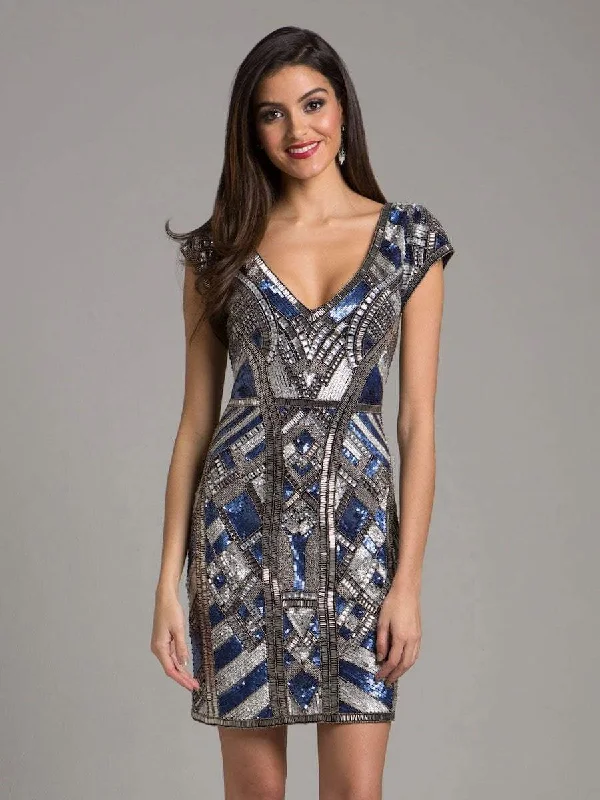 floral party dress for summer -floral party dress for summer -Lara Dresses - 29909 Cap Sleeve Geometric Beaded Short Dress