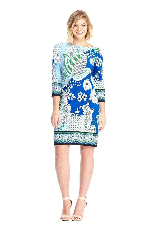 blue party dress for summer -blue party dress for summer -London Times - T2599MJC Quarter Sleeve Abstract Floral Dress