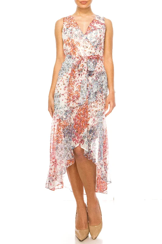 modern party dress for summer -modern party dress for summer -Maison Tara 91760M - Floral Printed V-Neck Cocktail Dress