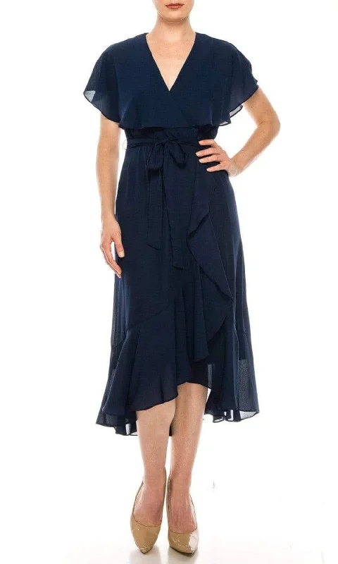 satin party dress for summer -satin party dress for summer -Maison Tara - 95071M Cape Sleeved Illusion Wrap Ruffle Dress