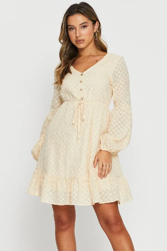 bold mini dresses for summer -Beige Mini Dress Long Sleeve