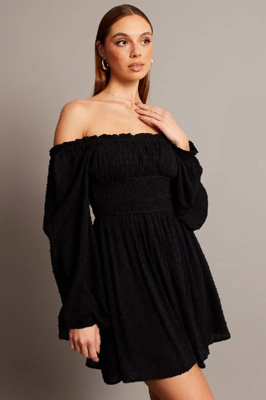 black mini dresses for summer -Black Fit And Flare Dress Long Sleeve Mini