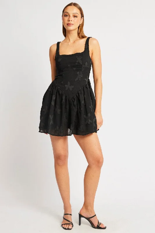 satin mini dresses for women -Black Fit And Flare Dress Mini Burn Out