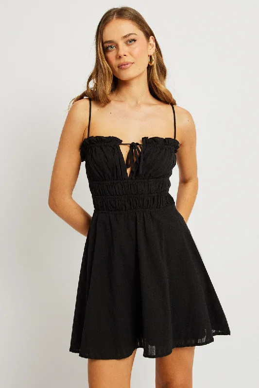 satin mini dresses for night -Black Fit And Flare Dress Mini