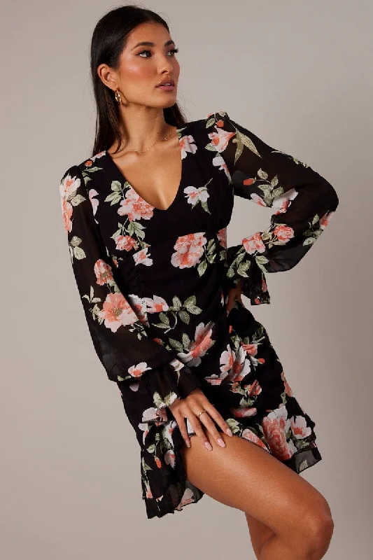 blue mini dresses for travel -Black Floral Ruffle Dress Long Sleeve Flared Cuff Mini Dress