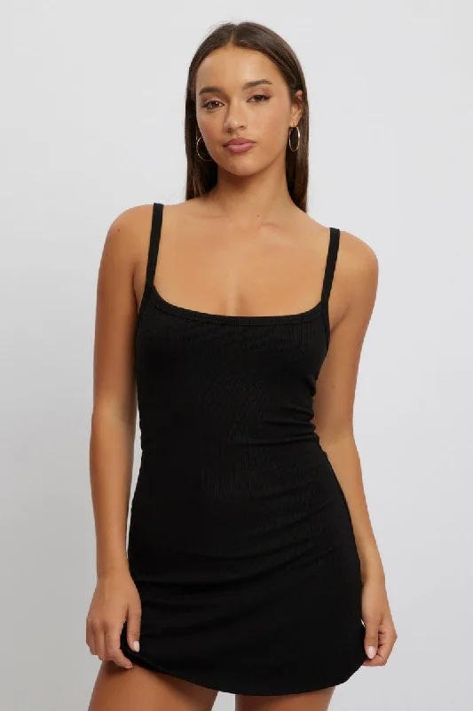 stylish mini dresses for club -Black Mini Dress Sleeveless Rib A-Line