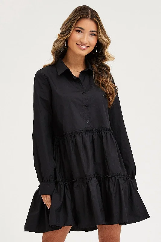 cotton mini dresses for date -Black Shirt Dress Long Sleeve Mini