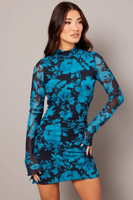 party mini dresses for guests -Blue Abstract Bodycon Dress High Neck Mini Long Sleeve