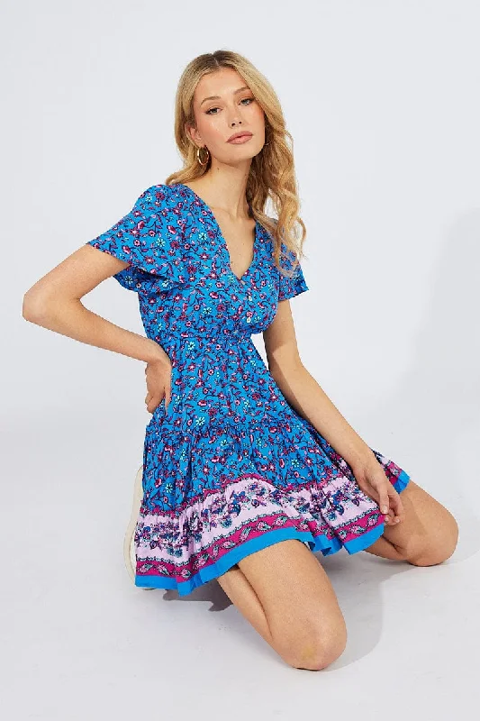 black mini dresses for teens -Blue Boho Fit And Flare Dress V-neck Mini