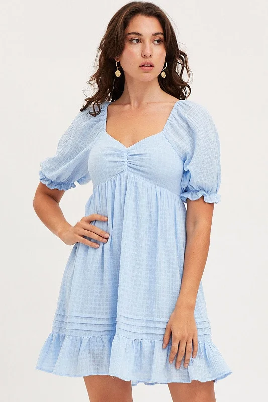 cotton mini dresses for beach -Blue Dress Short Sleeve Mini