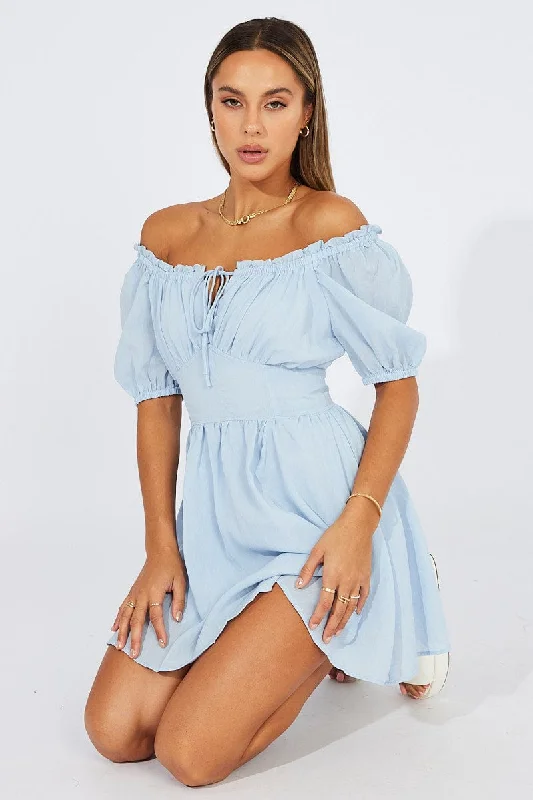 simple mini dresses for everyday -Blue Fit And Flare Dress Corset Waist Mini