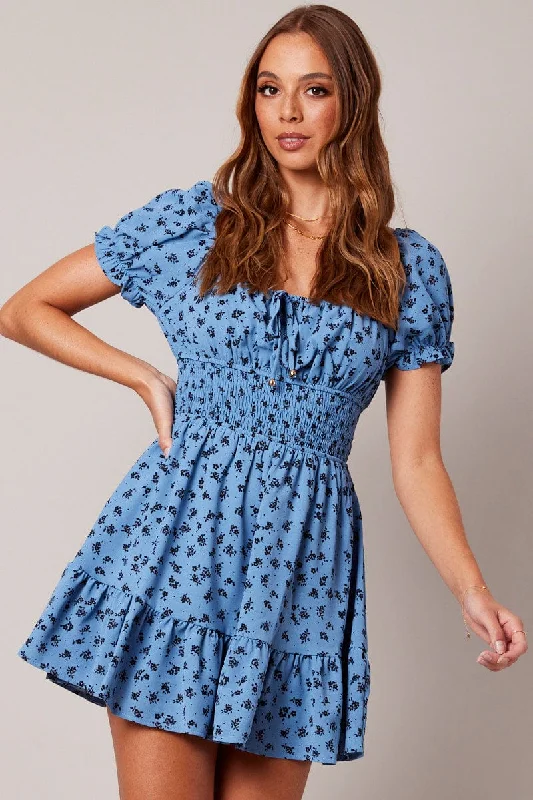 designer mini dresses for evening -Blue Floral Fit And Flare Dress Puff Sleeve Mini Floral print