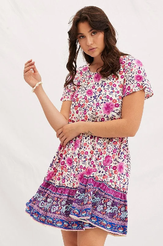 affordable mini dresses for club -Boho Print Mini Dress Short Sleeve