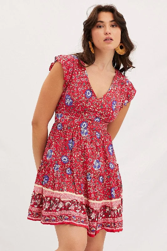 trendy mini dresses for guests -Boho Print V-Neck Mini Skater Dress