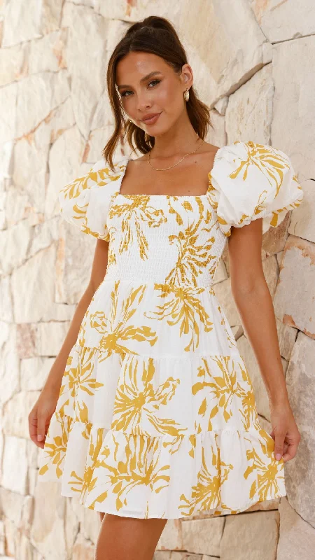 trendy mini dresses for night -Bronty Mini Dress - Yellow Floral