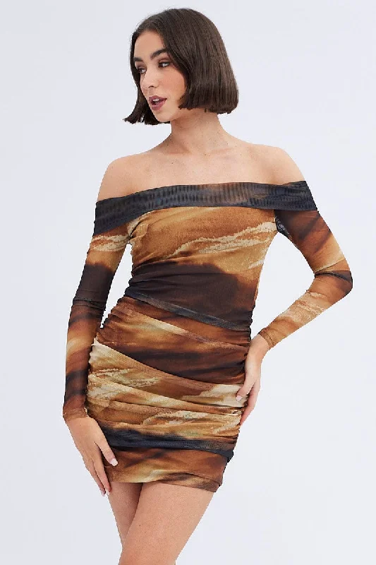 denim mini dresses for guests -Brown Abstract Mini Dress Bardot Off Shoulder Bodycon Ruched