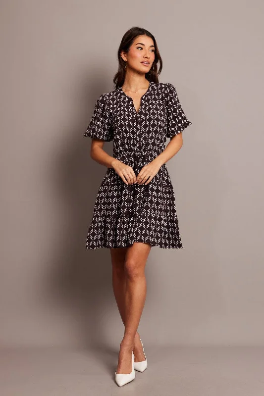 sexy mini dresses for club -Brown Geo Fit And Flare Dress Puff Sleeve Mini