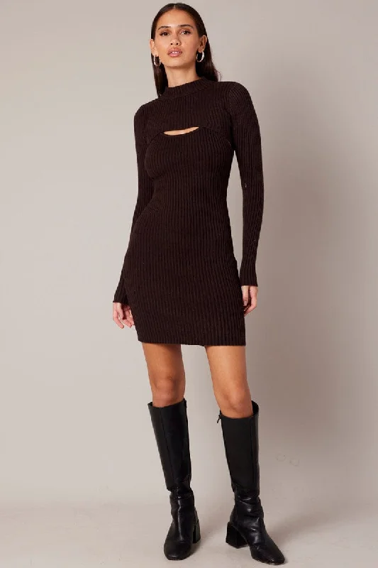 casual mini dresses for teens -Brown Knit Dress and Shrug Set Mini