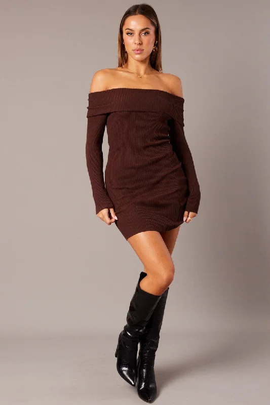 stylish mini dresses for evening -Brown Knit Dress Long Sleeve Mini