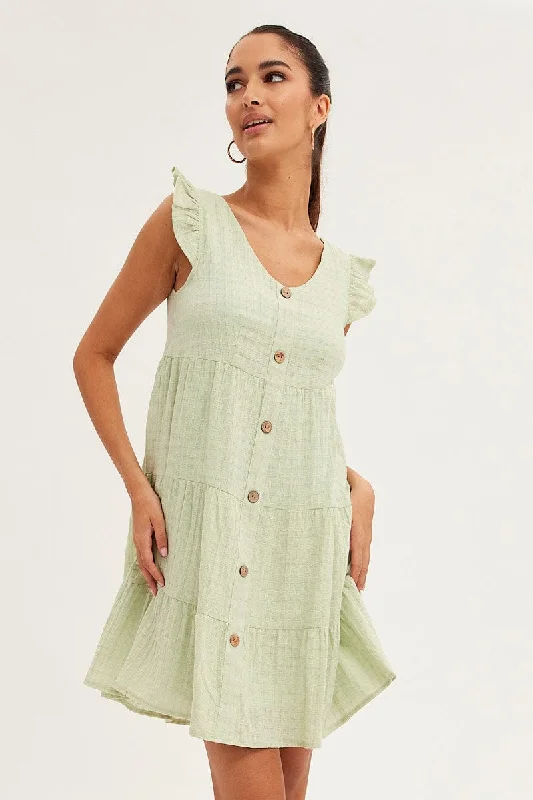 formal mini dresses for travel -Green Button Front Mini Swing Dress