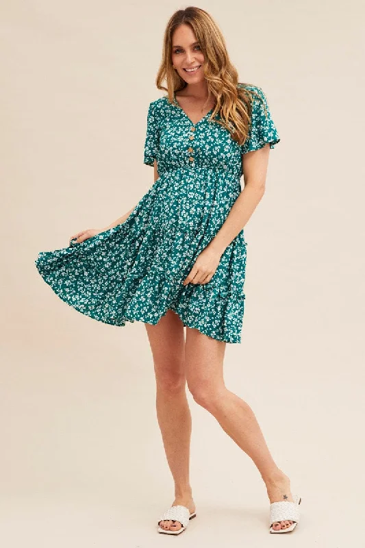 trendy mini dresses for spring -Green Ditsy Short Sleeve Floral Mini Skater Dress