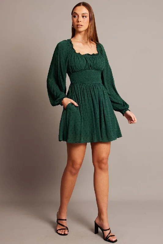 elegant mini dresses for evening -Green Fit And Flare Dress Long Sleeve Mini