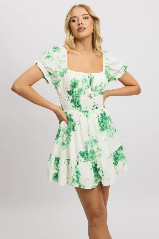 simple mini dresses for travel -Green Floral Fit And Flare Dress Mini