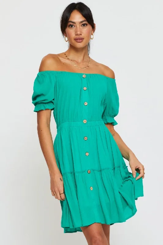 short mini dresses for teens -Green Mini Dress Off Shoulder Linen