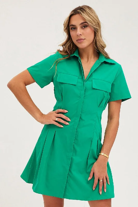 boho mini dresses with patterns -Green Shirt Dress Short Sleeve Mini