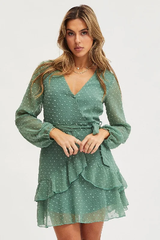 pink mini dresses for evening -Green Skater Dress Long Sleeve Mini