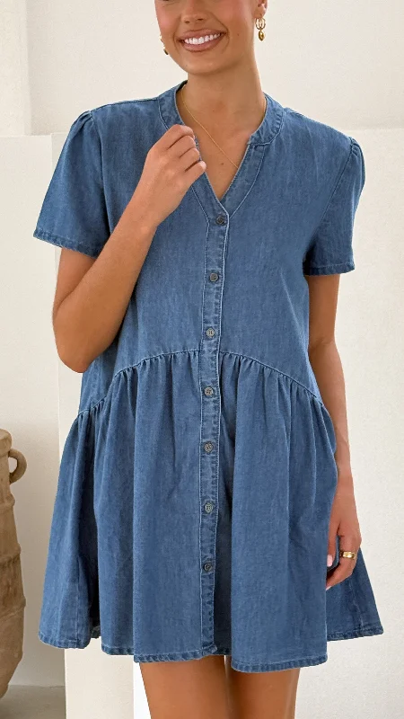 casual mini dresses for night -Juliani Mini Dress - Blue Denim