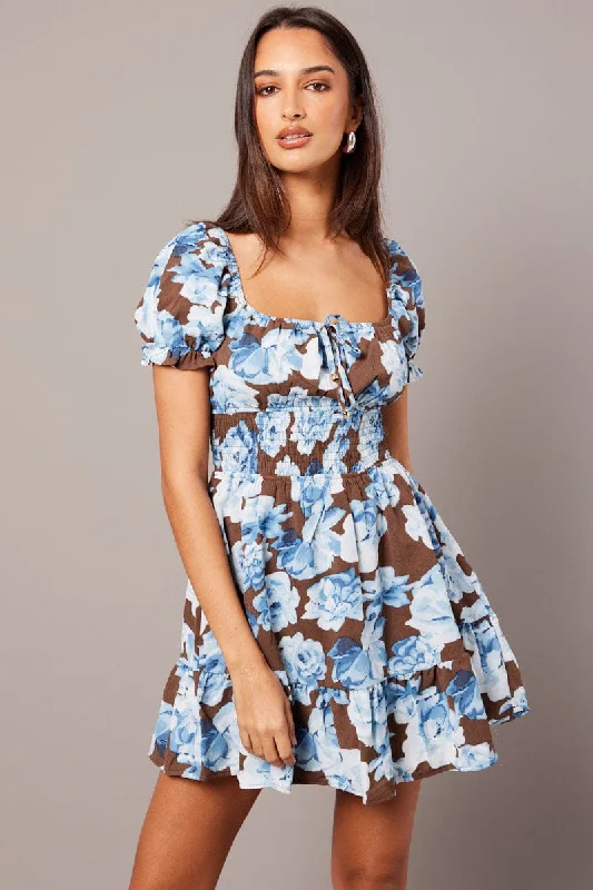 party mini dresses for guests -Multi Floral Fit And Flare Dress Puff Sleeve Mini Floral print