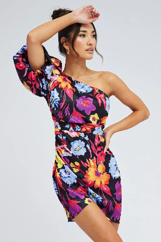 blue mini dresses for night -Multi Floral One Shoulder Puff Sleeve Statement Mini Dress