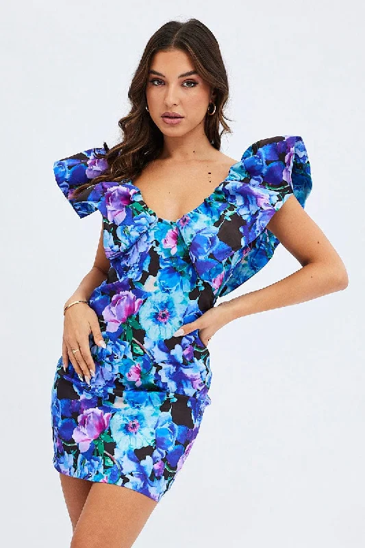 floral mini dresses for travel -Multi Floral Ruffle Shoulder Plunging Statement Mini Dress