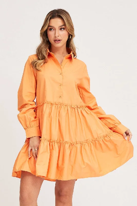 chic mini dresses for evening -Orange Shirt Dress Long Sleeve Mini