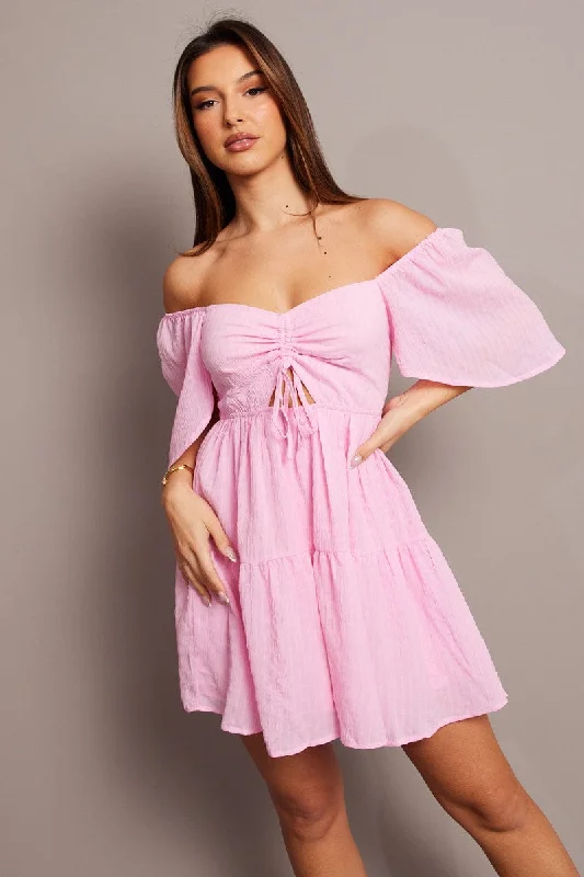 black mini dresses for evening -Pink Fit And Flare Dress Short Sleeve Mini